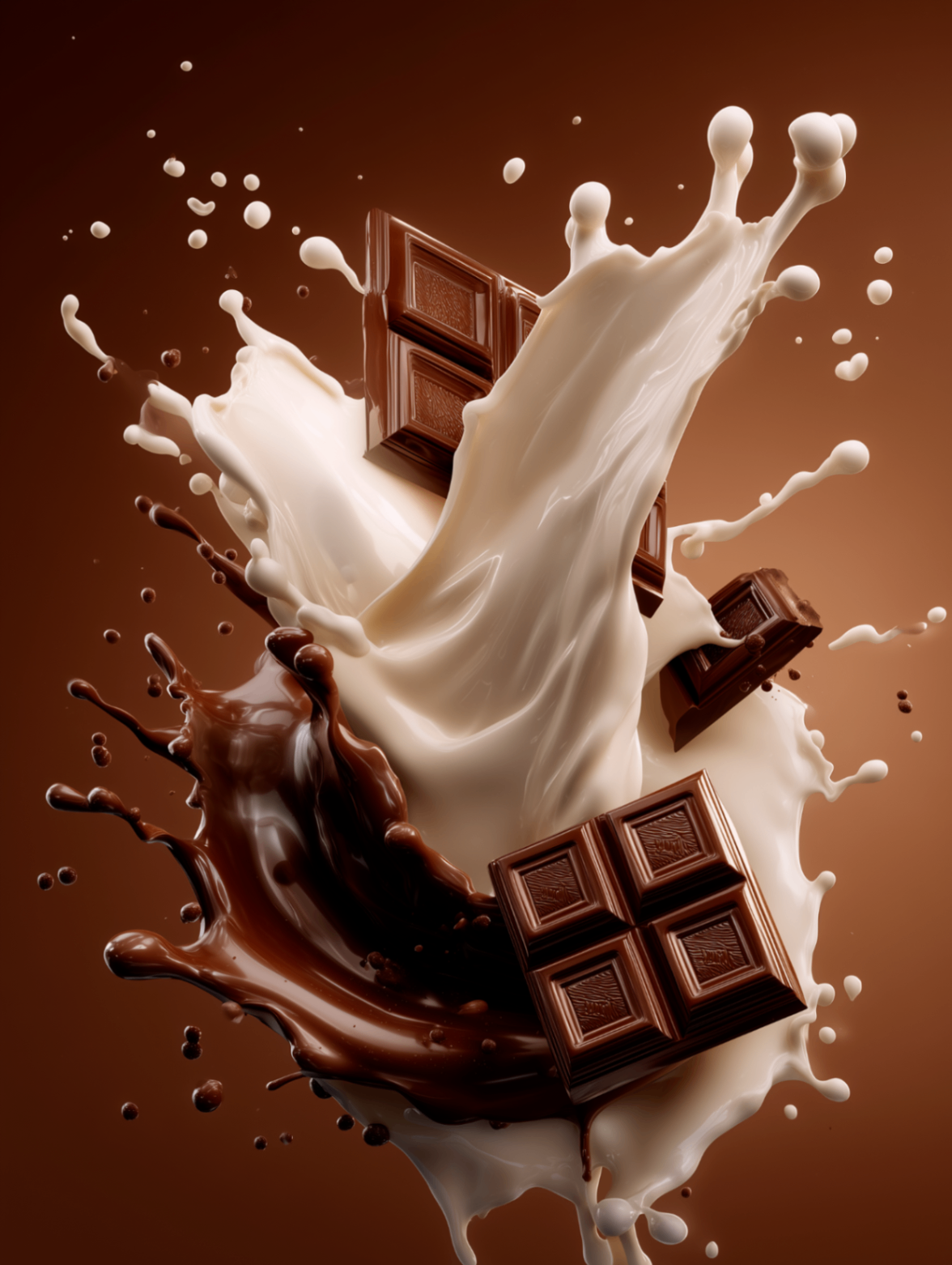 Chocolate pieces suspended in milk and chocolate splash.