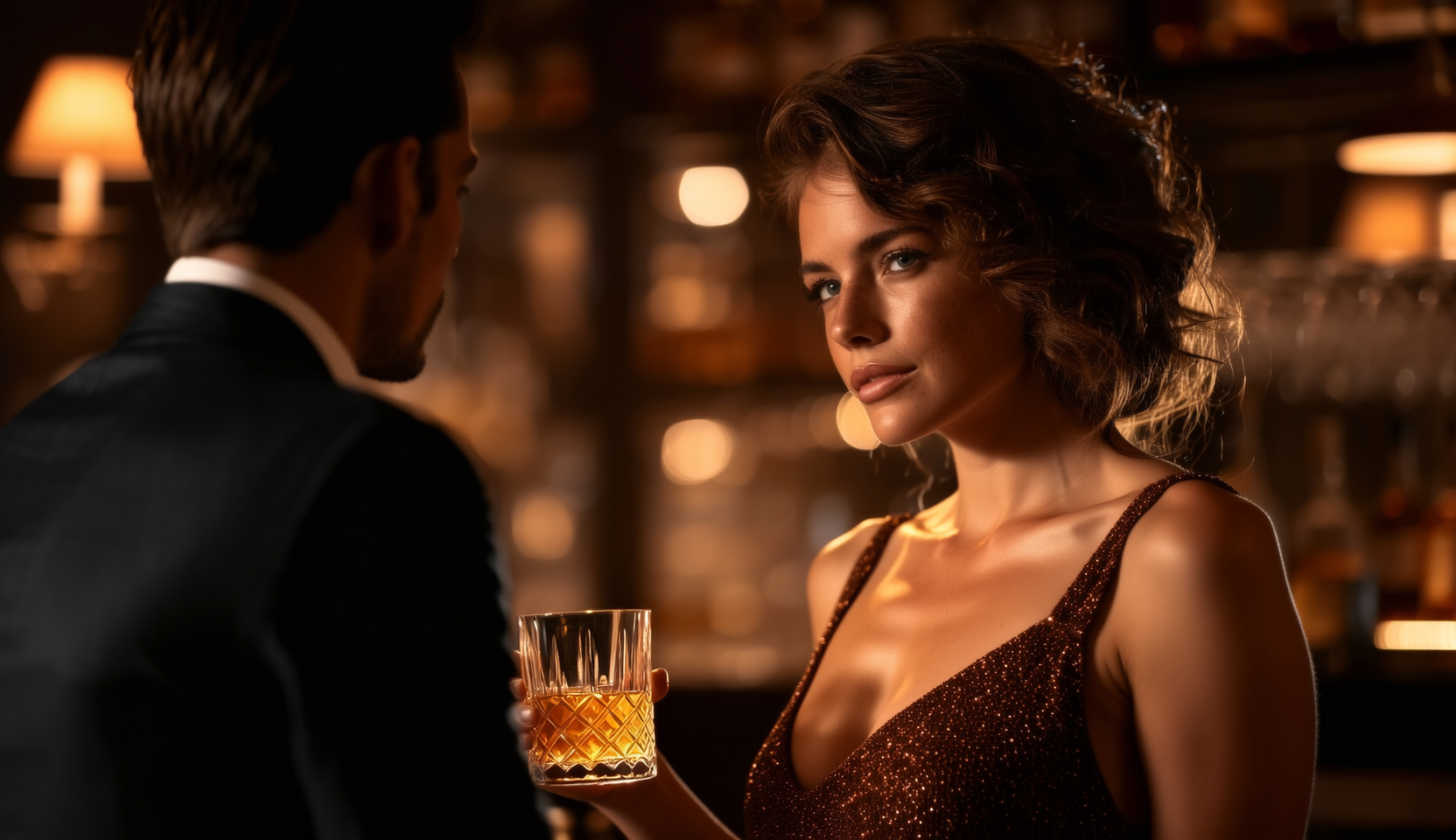 Cinematic bar scene — woman in evening dress holding a whisky glass.