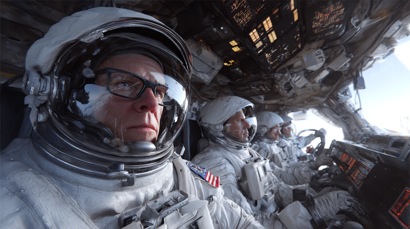 Astronaut crew seated in a spacecraft cockpit bathed in cold light.