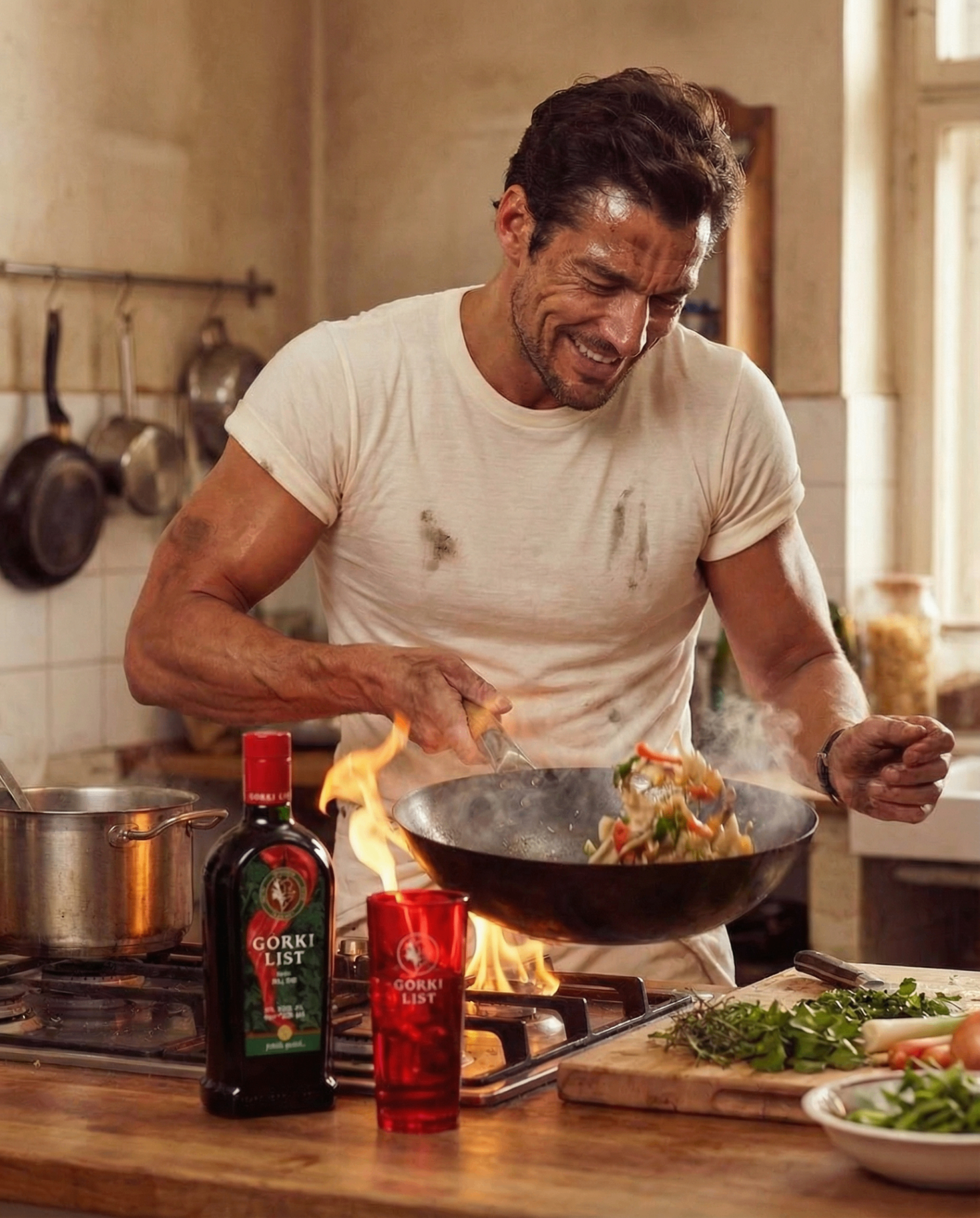 Chef flambéing a wok beside a bottle and red glass of Gorki List in a rustic kitchen.