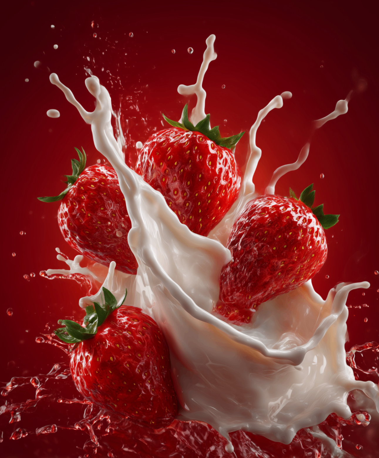 Strawberries bursting through a milk splash against a deep red background.