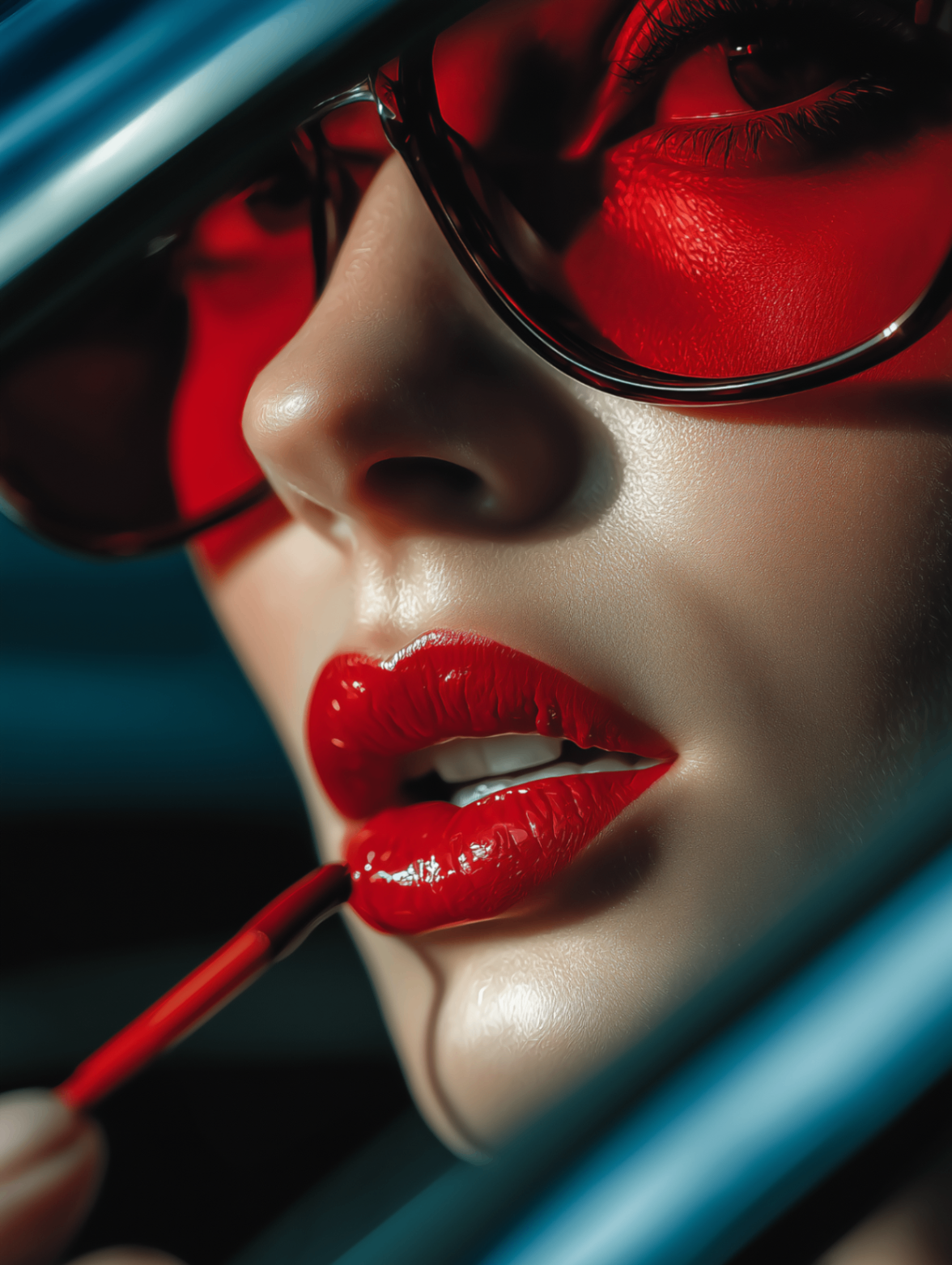 Extreme close-up of glossy red lips and sunglasses as lipstick is applied.